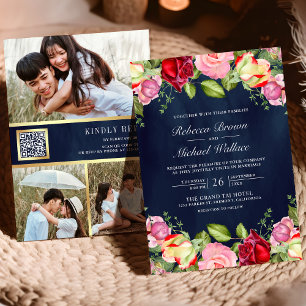 Invitation Roses Rouges Roses Roses Code QR Bleu Nuit Mariage