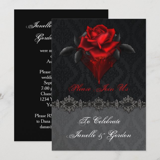 Invitation Roses rouges sang Fête en noir et damas en récepti (Devant / Derrière)
