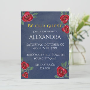 Invitation Roses rouges sur bleu marine