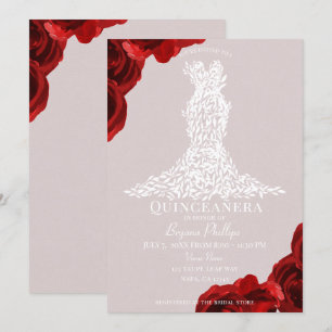 Invitation Roses rouges Taupe Roses Feuilles blancs Quinceañe