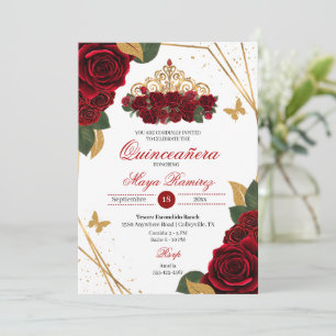 Invitation Roses rouges Tiara Gold Parties scintillant Quince