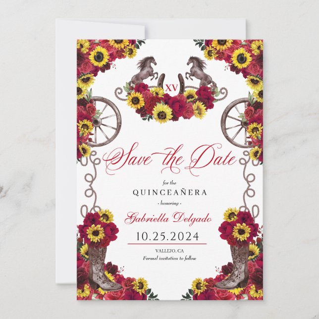 Invitation Roses Rouges Tournesols Sauvez La Date Quinceañera (Devant)