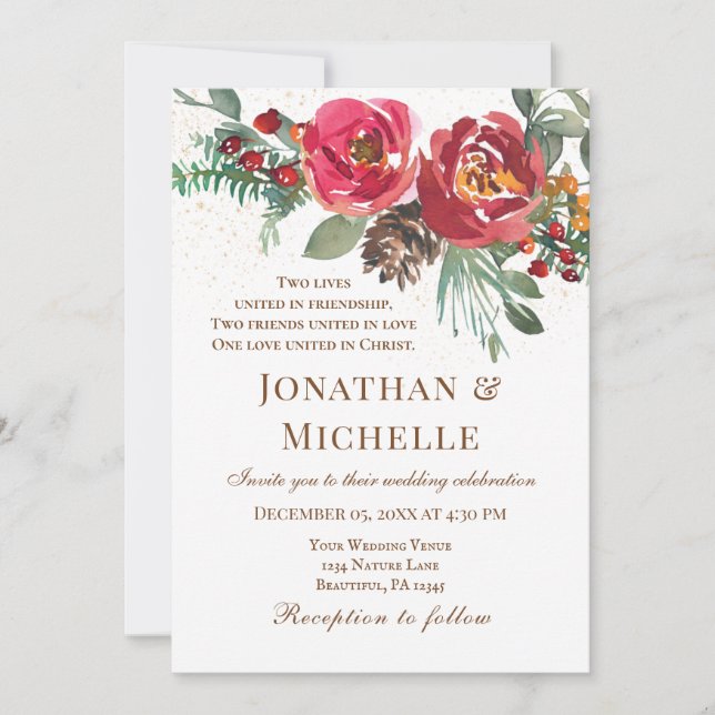 Invitation Roses rouges Verdure hiver Mariage christianisme (Devant)