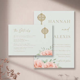 Invitation Roses Rougissantes Vert Sauge Double Bonheur Détai