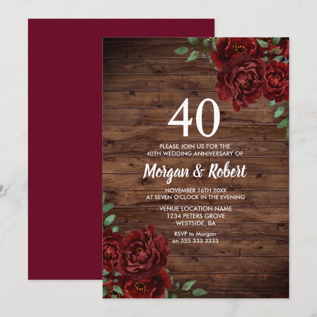 Invitation Roses rousses rousses de Bourgogne 40e anniversair (Devant / Derrière)