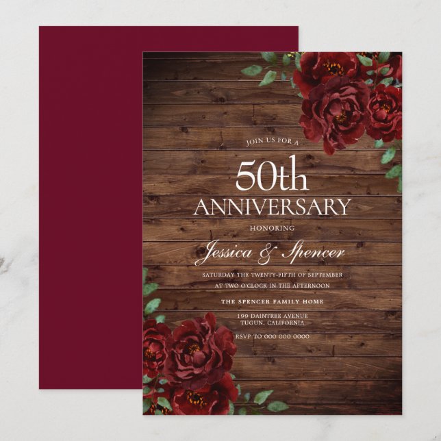 Invitation Roses rousses rousses de Bourgogne 50e anniversair (Devant / Derrière)