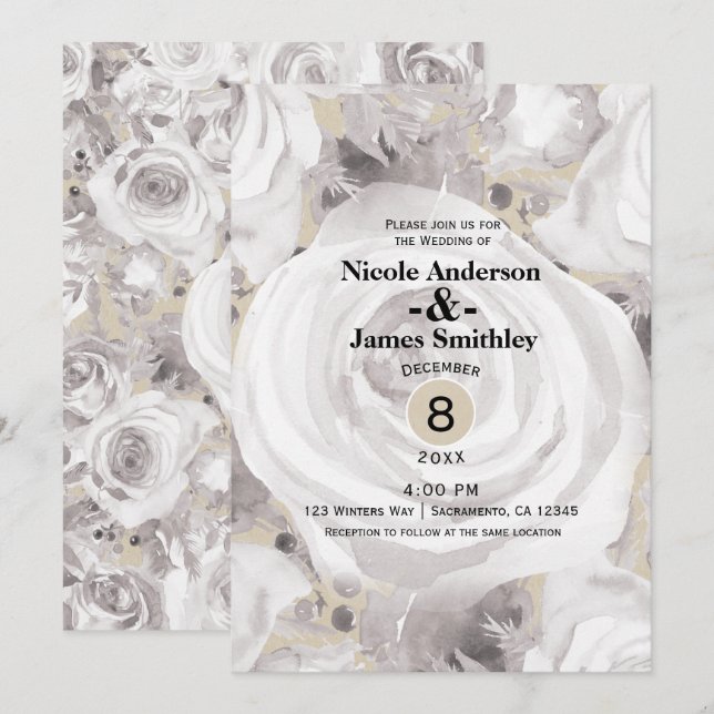 Invitation Roses rustiques blanches d'hiver Kraft pour mariag (Devant / Derrière)