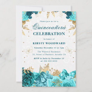 Invitation Roses sarcelles et or Quinceanera Floral