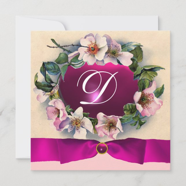 Invitation Roses SAUVAGES AVEC RIBBON ROSE, MONOGRAM (Devant)