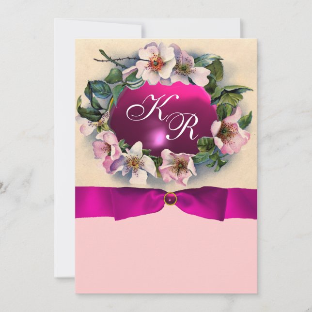 INVITATION ROSES SAUVAGES AVEC RUBAN ROSE, MONOGRAMME (Devant)