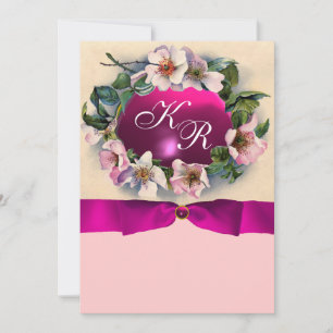 INVITATION ROSES SAUVAGES AVEC RUBAN ROSE, MONOGRAMME