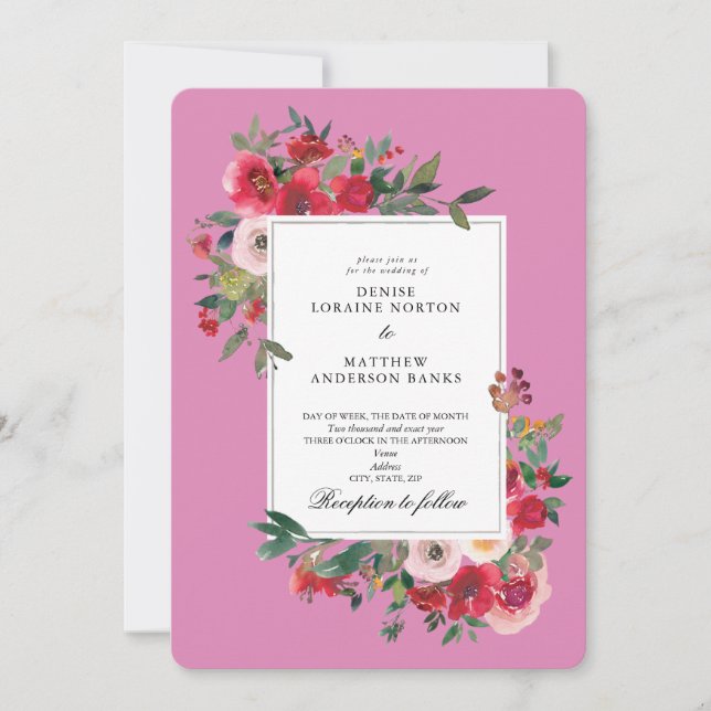 Invitation Roses sauvages et couleur rose Fuchsia (Devant)