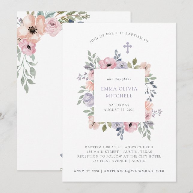 Invitation Roses subtils d'aquarelle avec le baptême de la (Devant / Derrière)