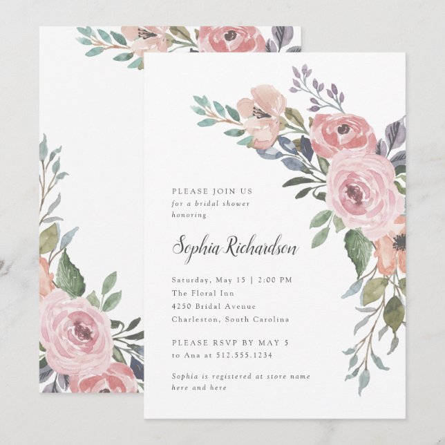 Invitation Roses subtils d'aquarelle | Fête des mariées (Devant / Derrière)