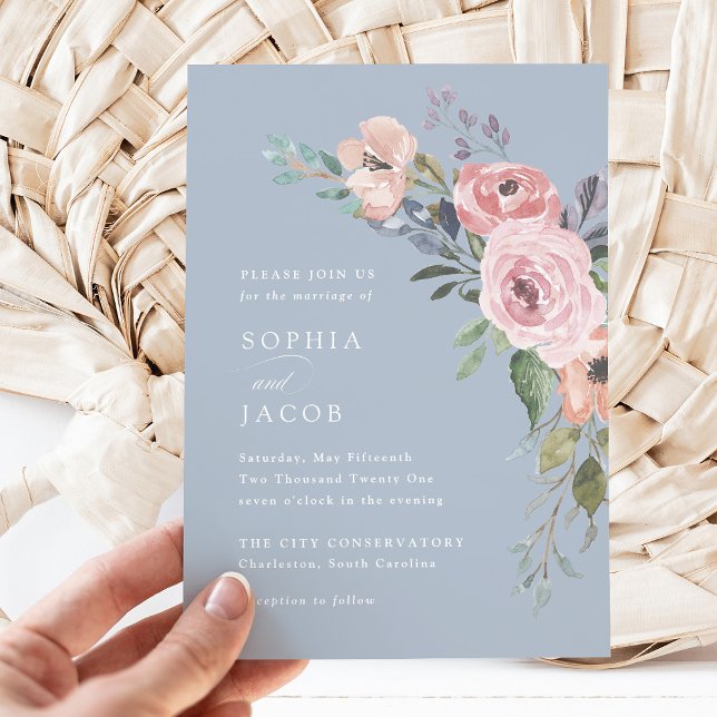 Invitation Roses subtils d'aquarelle | Mariage bleu clair (A pretty floral spring wedding invitation)