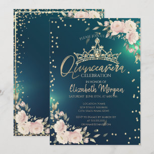 Invitation Roses, Tiara dorée, Diamants Robe de Quinceañera v