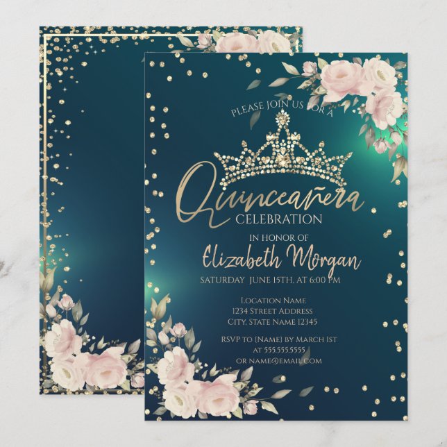 Invitation Roses, Tiare d'or, Diamants Green Quinceañera (Devant / Derrière)