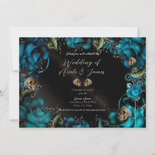 Invitation Roses Turquoise Crânes Gothiques Mariage