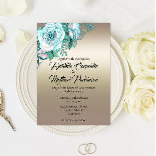 Invitation Roses turquoise et Mariage Golden Elegance