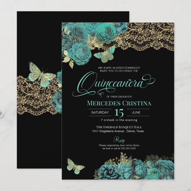 Invitation Roses turquoise et papillon de dentelle Quinceañer (Devant / Derrière)