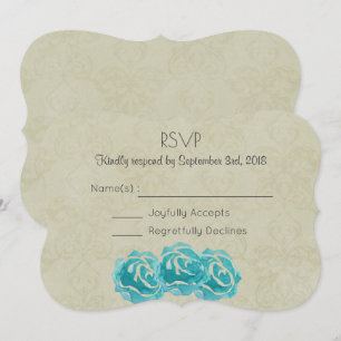 Invitation Roses turquoises d'aquarelle sur Tan Mariage damas