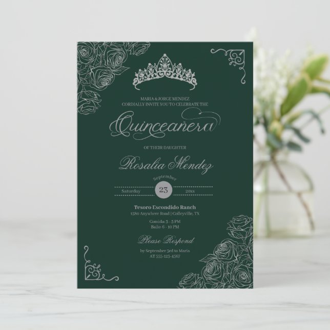 Invitation Roses vert et argent élégant Quinceañera (Debout devant)