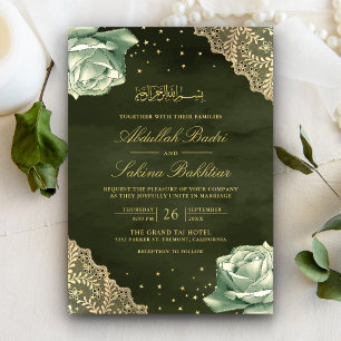 Invitation Roses Vert Sauge Broderie Or Code QR Mariage Musul