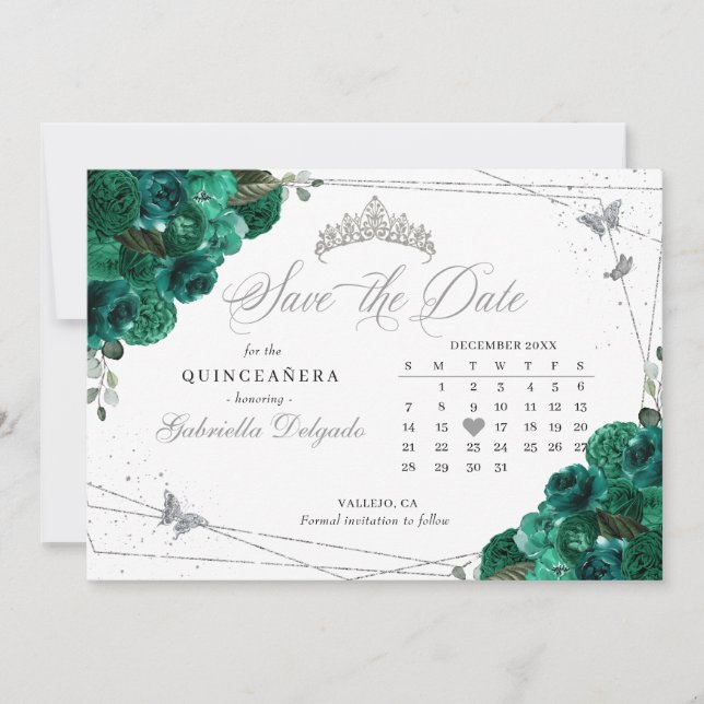 Invitation Roses verts & Argent Quinceañera Enregistrer la da (Devant)