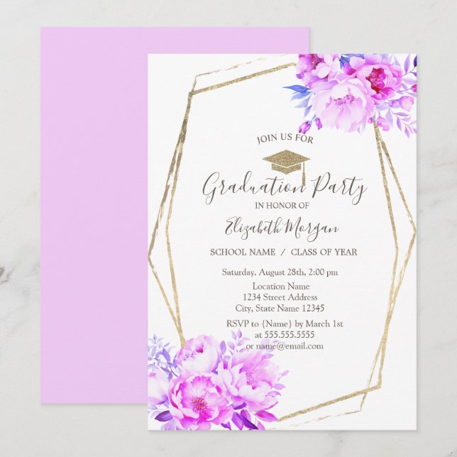 Invitation Roses Violet Blush, Casquette de grade, Diplôme (Devant / Derrière)
