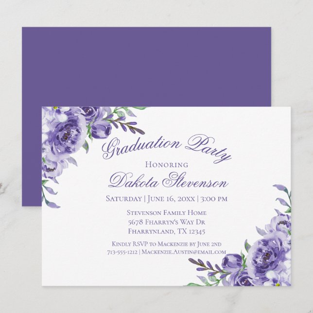 Invitation Roses violets | Élégante aquarelle graduée (Devant / Derrière)