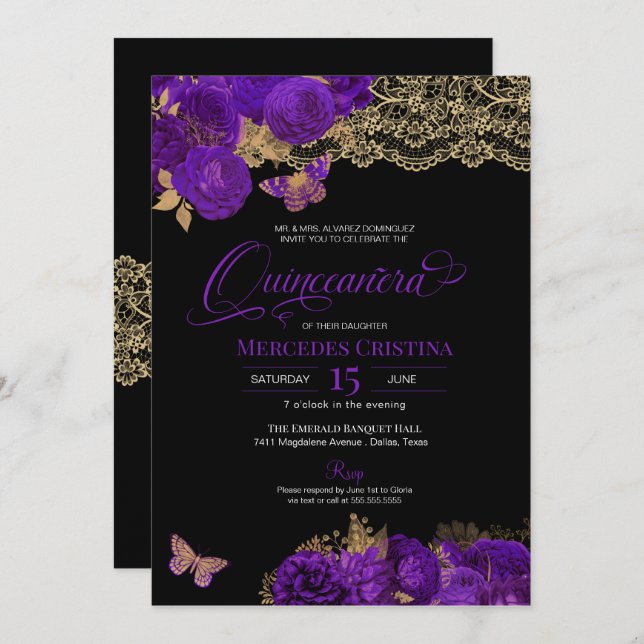 Invitation Roses violets et papillon de dentelle Quinceañera (Devant / Derrière)