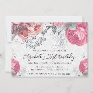 Invitation Roses violettes et argent à l'aquarelle pour 21e a