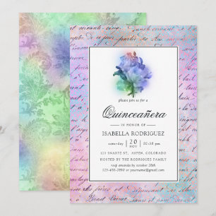Invitation Roses violettes étincelantes et Quinceañera damass