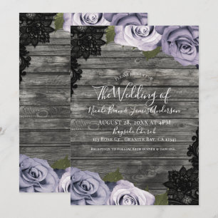 Invitation Roses Violettes Glacées Bois Rustique Dentelle Noi