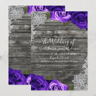 Invitation Roses violettes vives gris rustique blanc mariage