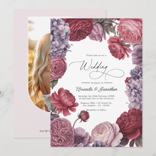Invitation Rosewood and Dusty Lavender Floral Wedding Photo (Devant / Derrière)