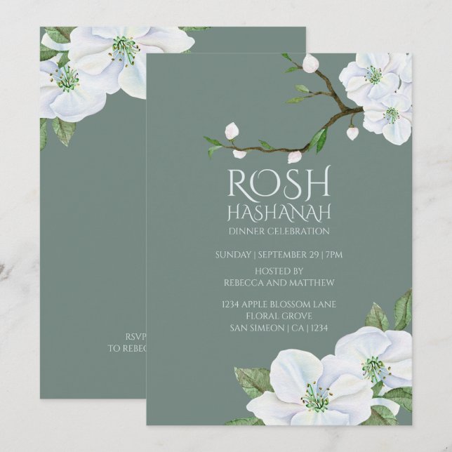 Invitation Rosh Hashanah White Apple Blossom (Devant / Derrière)