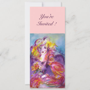 Invitation ROSINA / DAME AVEC ROSE ET PARROT Bleu rose
