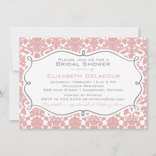 Invitation Rosy Brown Damask Modèle de douche nuptiale Invita (Devant)