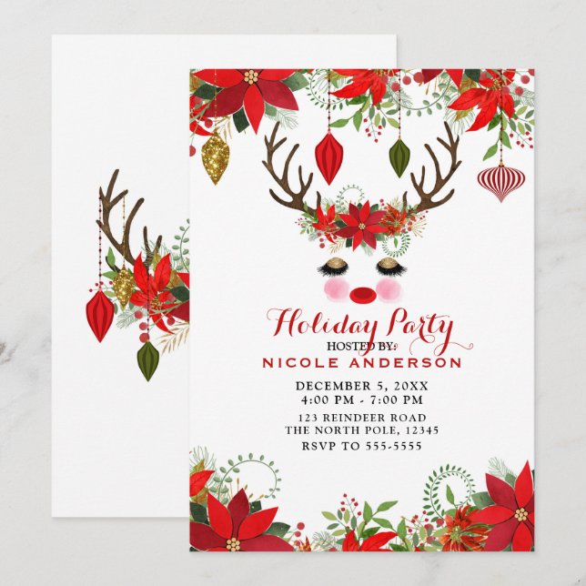 Invitation Rosy Cheeks Gold Eyes Floral Reindeer Holiday (Devant / Derrière)
