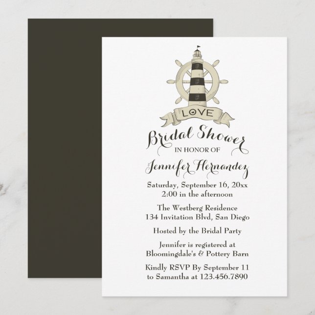Invitation Roue de navire pour phare de Fête de l'mariée Brow (Devant / Derrière)