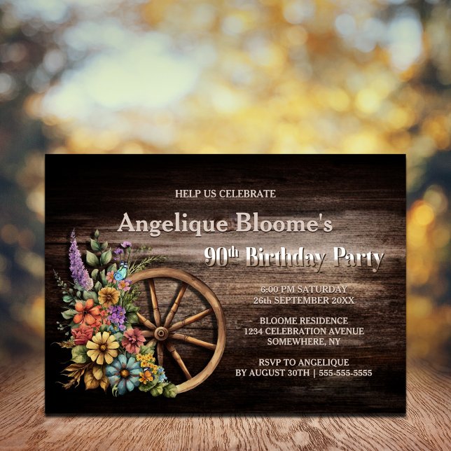 Invitation Roue en bois rustique Floral Wagon 90e anniversair (Créateur téléchargé)