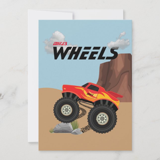 Invitation Roues de monstre orange, jaune, rouge, vert (Devant)