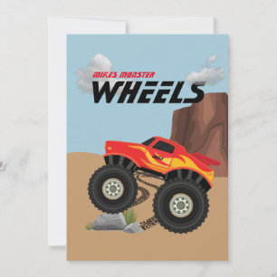 Invitation Roues de monstre orange, jaune, rouge, vert invita