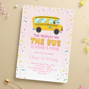 Invitation Roues roses sur le bus 1er anniversaire