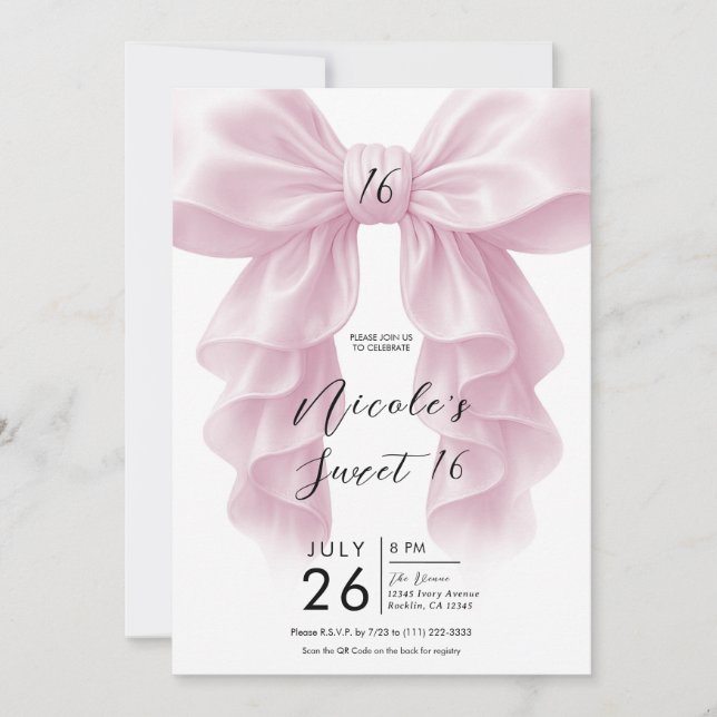 Invitation Rouffle rose Cascade Bow Élégant Doux 16 Partie (Devant)