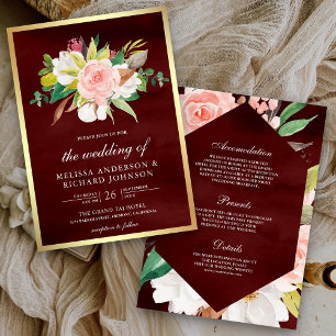 Invitation Rouge à joues Rose Floral Bourgogne Robe de Mariée