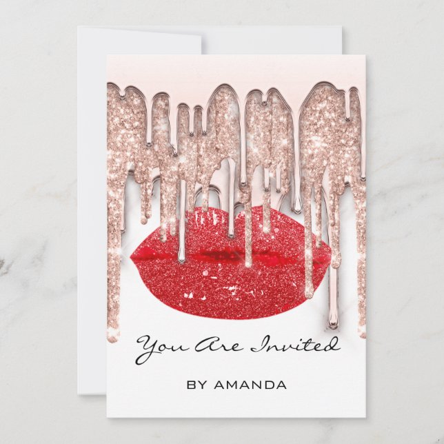Invitation Rouge à Lèvres Rose Glitter Blanc Glam Fête 16ème (Devant)