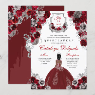 Invitation Rouge & Argent Floral Elegant Quinceañera