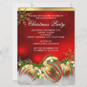 Invitation Rouge Argent Or Boules de Houx Noël 3